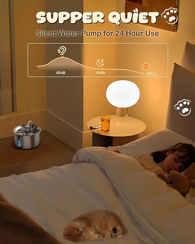 Stainless Steel Cat Water Fountain, 3.2L/108oz Quiet Automatic Cat Water Dispenser, Indoor Pet Spout, Dog Drinking Bowl with 1x Filter & 1x Sponge for Cats/Dogs/Multiple Pets - Silver