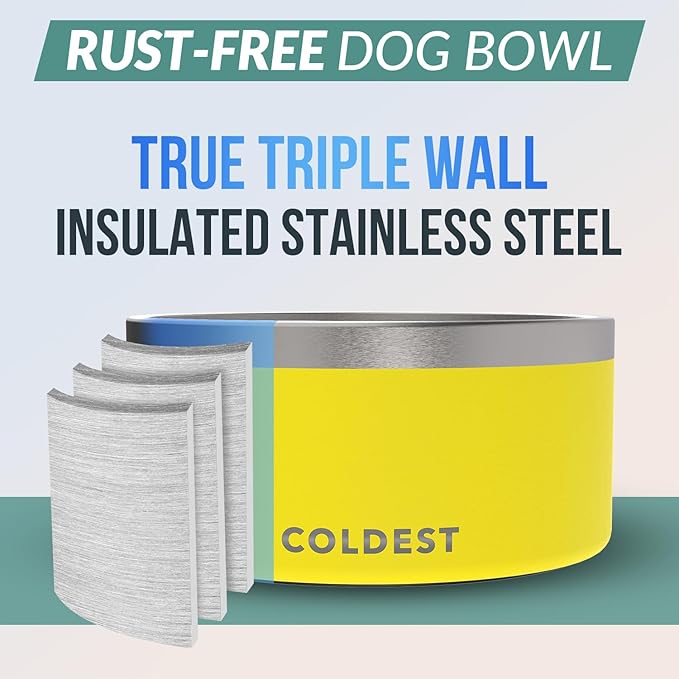 Coldest Dog Bowl - Anti Rust Metal, Non Slip, 3 Layers Insulated Stainless Steel Dog Bowls - Spill Proof & Heavy Duty - Water Bowl for Dogs, Cats & Pets, Dish Washer Safe (200 oz, Solar Yellow)