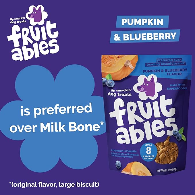 Fruitables Baked Dog Treats, Healthy Pumpkin Treat for Dogs, Low Calorie & Delicious, No Wheat, Corn or Soy, Made in the USA, Pumpkin and Blueberry Flavor, 12oz