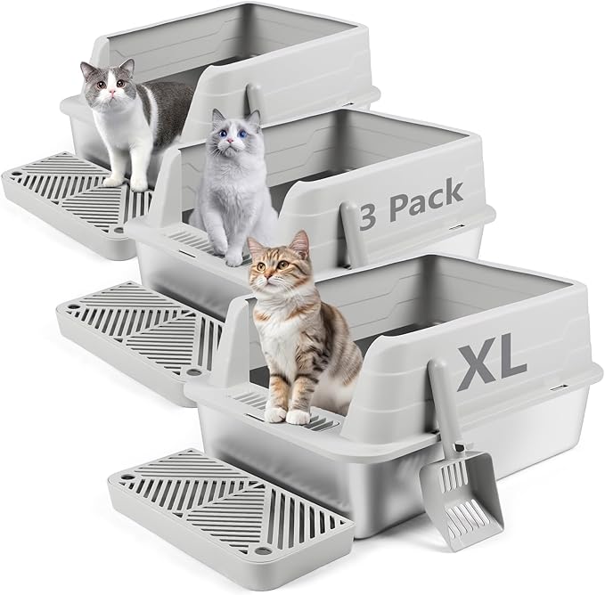 3 Pack Stainless Steel Litter Box, XL 22.9” x 15” x 10.3” High Sided Metal Cat Litter Tray with Scoop, Filter Pedal for Anti-Splash, Non-Sticky, Easy to Clean (Light Grey)