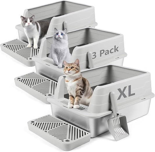 3 Pack Stainless Steel Litter Box, XL 22.9” x 15” x 10.3” High Sided Metal Cat Litter Tray with Scoop, Filter Pedal for Anti-Splash, Non-Sticky, Easy to Clean (Light Grey)