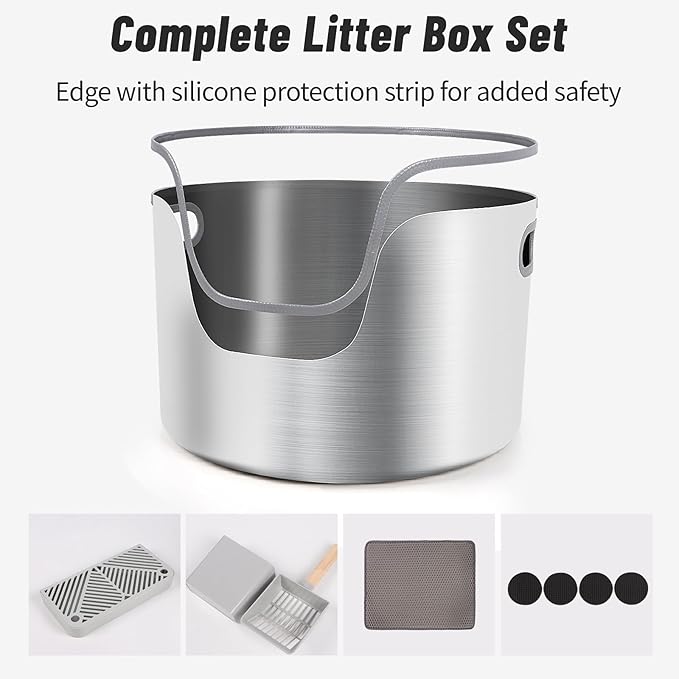 Stainless Steel Litter Box, 17.4” x 11" Large Round High Sided Metal Cat Litter Box Tray with Scoop, Filter Pedal & Litter Mat, Non-Sticky, Non-Odor, Easy Cleaning