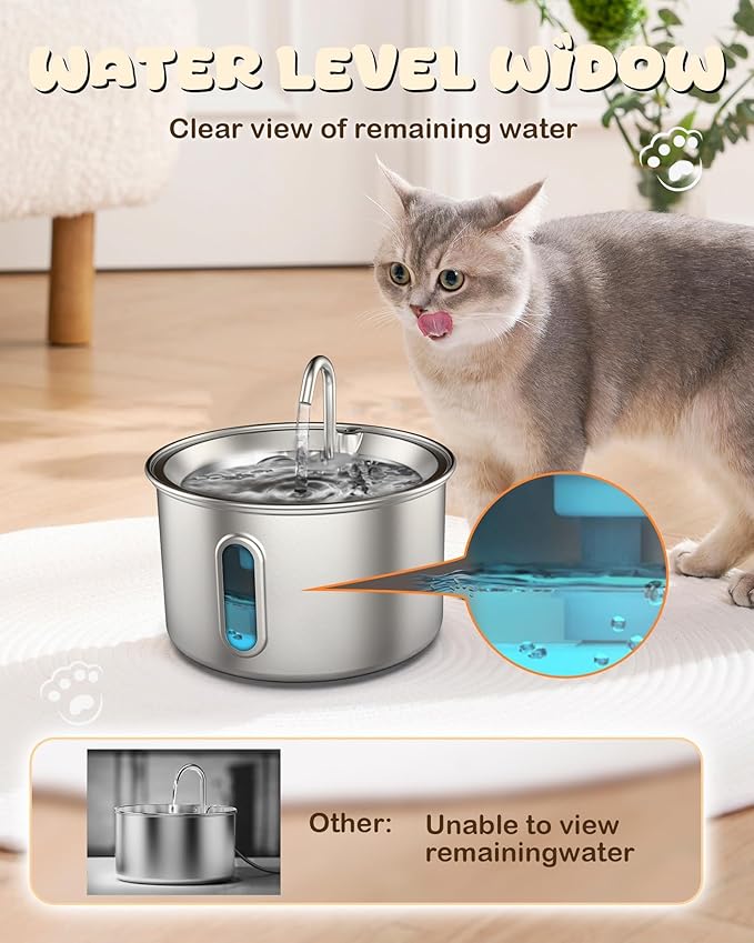 Stainless Steel Cat Water Fountain, 3.2L/108oz Quiet Automatic Cat Water Dispenser, Indoor Pet Spout, Dog Drinking Bowl with 1x Filter & 1x Sponge for Cats/Dogs/Multiple Pets - Silver