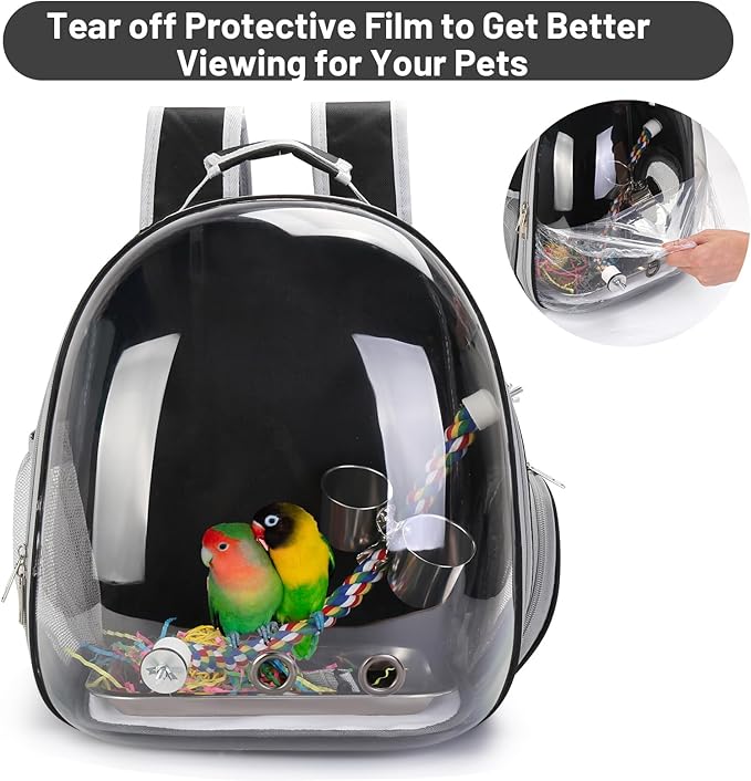 Bird Backpack Carrier, Travel Bird Cage for Small Medium Size Parrot Parakeet Budgies Cockatiel, Portable Clear Bubble Window Bag with Stainless Steel Tray Food Bolw Standing Perch (Black)