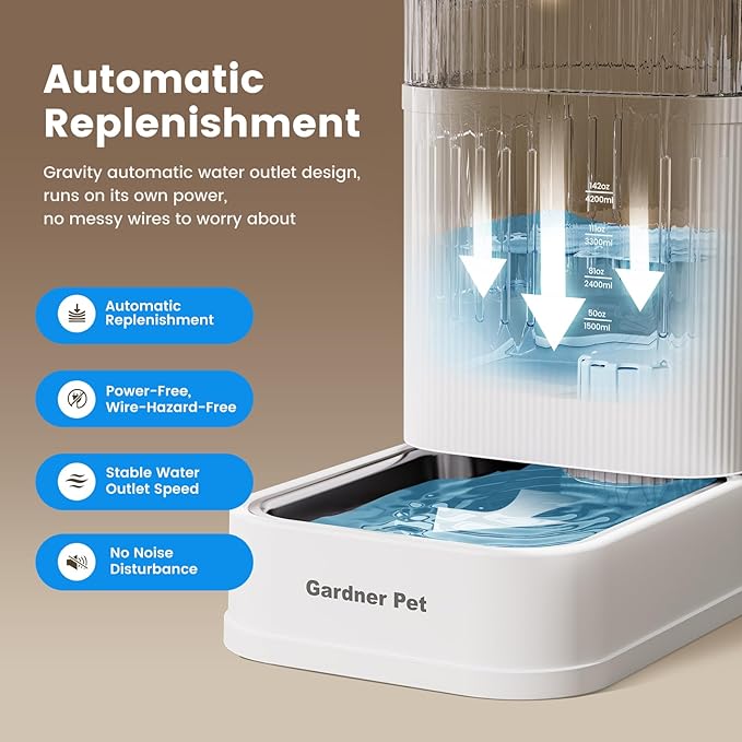 Gardner Pet Automatic Dog Water Dispenser Gravity Waterer with Stainless Steel Bowl Water Dispenser 6.5L Large Capacity Water Feeder with Filters for Dogs Cats Pets, BPA-Free Noise-Free (White, 6.5L)