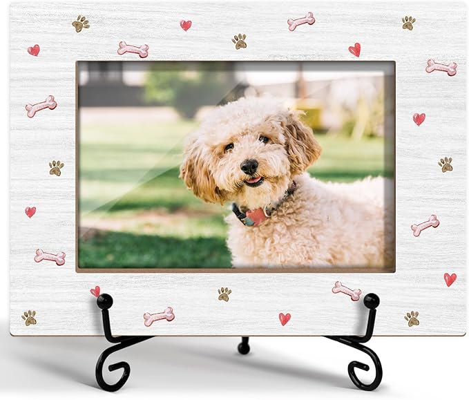 Dog Picture Frame Dog Paw Print Photo Frame, Gifts for Pet Lover Pet Owner, Wooden Picture Frame with Stand, 4"x6" Picture Frame for Tabletop Display, Home Office Desk Decor Shelf Display/XK61