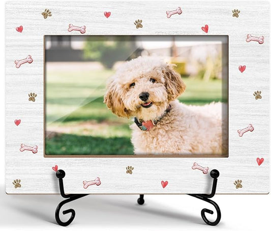 Dog Picture Frame Dog Paw Print Photo Frame, Gifts for Pet Lover Pet Owner, Wooden Picture Frame with Stand, 4"x6" Picture Frame for Tabletop Display, Home Office Desk Decor Shelf Display/XK61