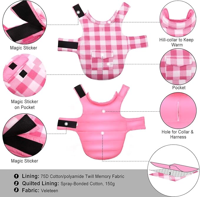ASENKU Dog Winter Coat, Fleece Doggie Jacket Plaid Reversible Vest Waterproof Windproof Cold Weather Clothes for Small Medium Large Dogs (M, Pink)