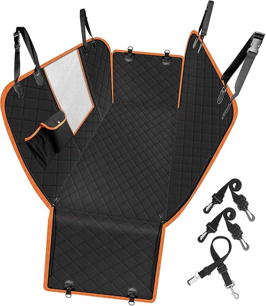 Femuar Dog Car Seat Cover, Waterproof Nonslip Pet Seat Cover for Back Seat with Storage Pockets Mesh Visual Window, Scratch Proof Pet Dog Seat Cover Hammock for Cars Trucks and SUVs, XL-Orange