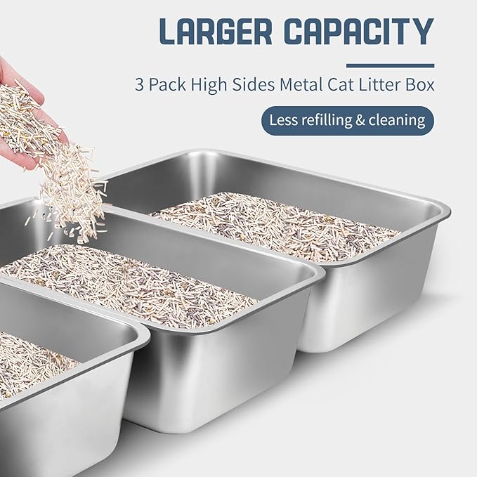 Stainless Steel Litter Box, 3 Pack 23.6" X 15.7" X 5.9" XL Metal High Sided Cat Litter Pan, Extra Large Stainless Steel Box Splash-Proof and Non-Stick Cat Poop Box odorless