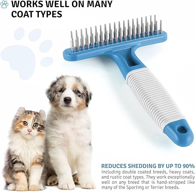 POODLIE Poodle Pet Dog Grooming Rake | Dematting Tool with Stainless Steel Shedding Comb for Pets | 2 Rows of Pins Gently Remove Loose or Tangled Hair from Undercoat (Blue)
