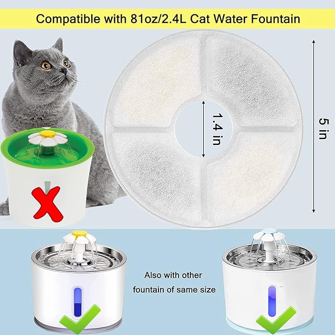 Cat/Pet Water Fountain Filters, 12 Pieces Set Pack of 8 Replacement Filter Fit for 81oz/2.4L, 3 Filtration System with 4 Pre-Filter Sponges