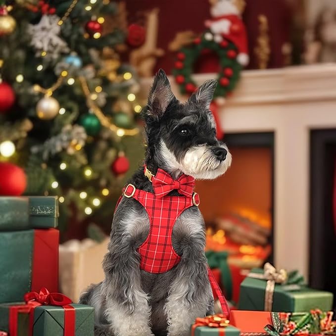 Beirui Cute Small Dog Harness Collar and Leash Set with Bowtie, Soft Adjustable Plaid Puppy Harness for Small Sized Dogs Cats Walks Parties and Photoshoots(Red,S:Chest 17-23")