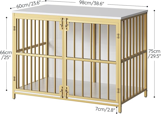 HOOBRO 38.6" Dog Crate Furniture, Wooden Dog Kennel Indoor, Heavy Duty Dog Cage for Small/Medium Dog, Decorative Side End Table, White and Gold DW100GW03