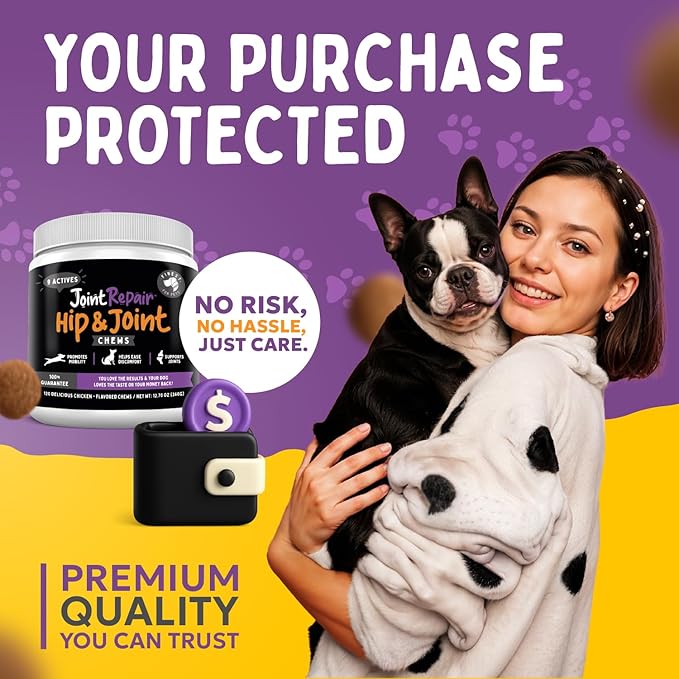 Joint Repair Hip and Joint Chews for Dogs Glucosamine, Chondroitin, MSM, Hemp, Omega 3 & Turmeric for Dog Joint Support, Mobility & Pain Relief - (120 Chicken Chews, Made in USA)