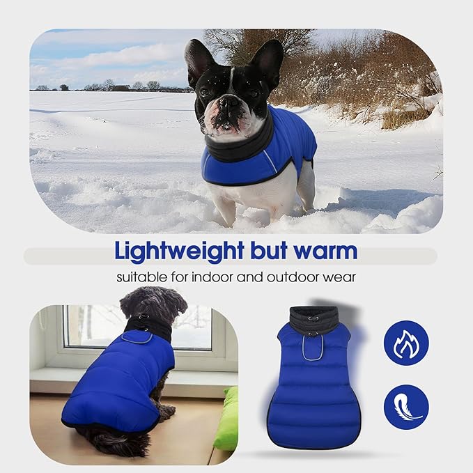 IDOMIK Dog Winter Coat, Warm Waterproof Dog Puffer Jacket with Harness Hole, Adjustable Reflective Snow Jacket Vest with Turtleneck, Pet Cold Weather Coats for Small Dogs,Blue,S