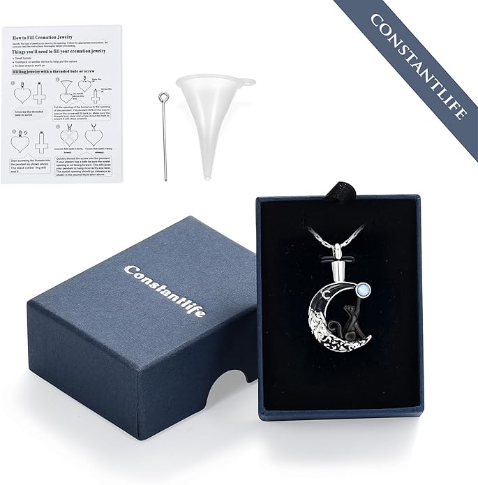 constantlife Cat Moon Urn Necklace for Women Pet Cremation Jewelry for Ashes Stainless Steel Pendant Funeral Keepsake Loved Ones Memorial Gift