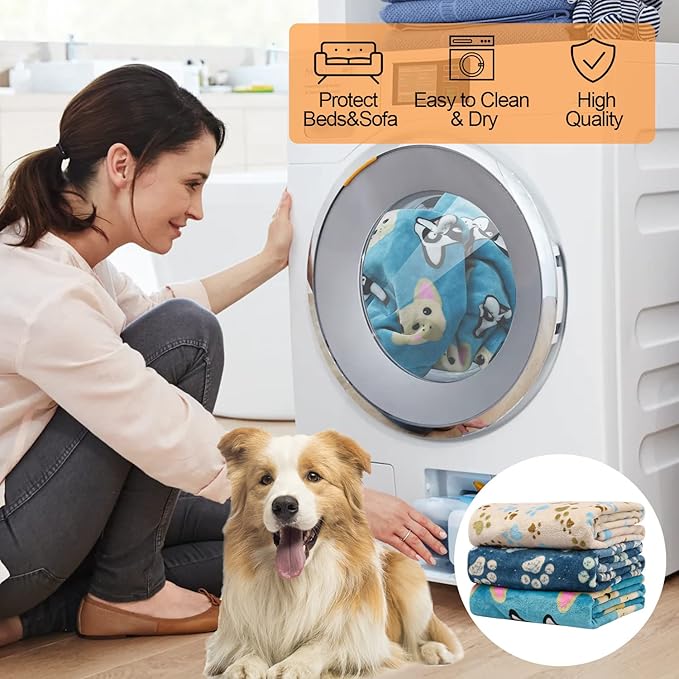 Rezutan Dog Blanket for Medium Dogs, 1 Pack 3 Premium Soft Cat Puppy Blankets, 30x20 inch, Flannel Cute Paw Print for Small Kitten Kennel Crate Bed, Blue/Beige/Navy Blue