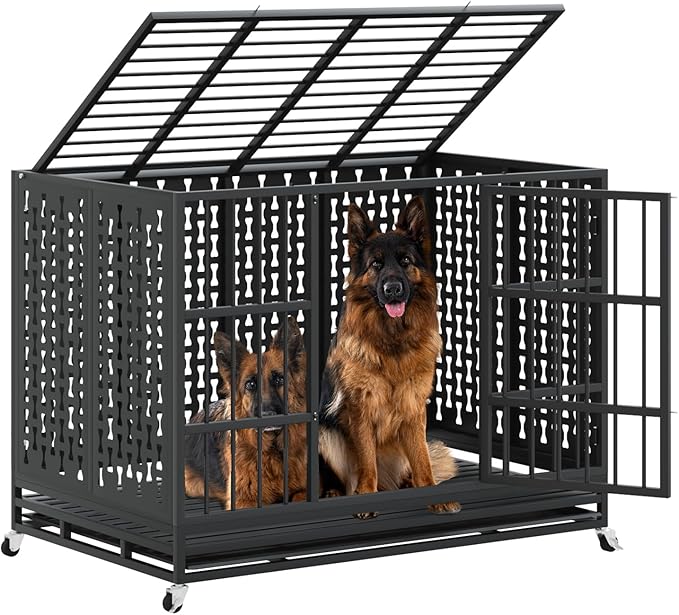 LEMBERI 48/42/38 inch Indestructible Heavy Duty Dog Crate, High Anxiety Extra Large Dog Cage for Large Dogs, XL Steel Escape Proof Dog Kennel with Wheels and Removable Tray