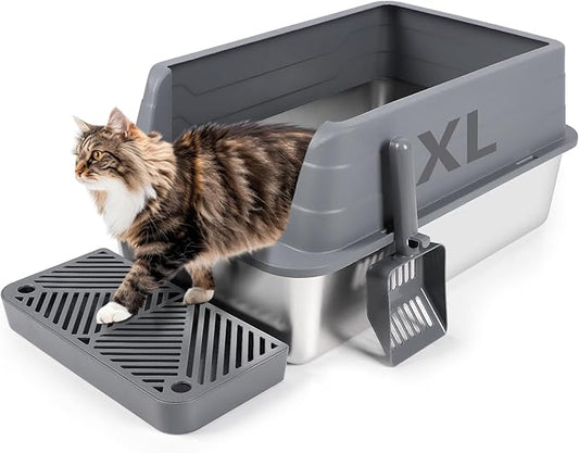 Stainless Steel Litter Box, XL 22.9”x15”x 10.3” High Sided Metal Cat Litter Tray with Scoop, Filter Pedal for Anti-Splash, Odor-Free, Non-Sticky, Easy to Clean (Dark Grey)