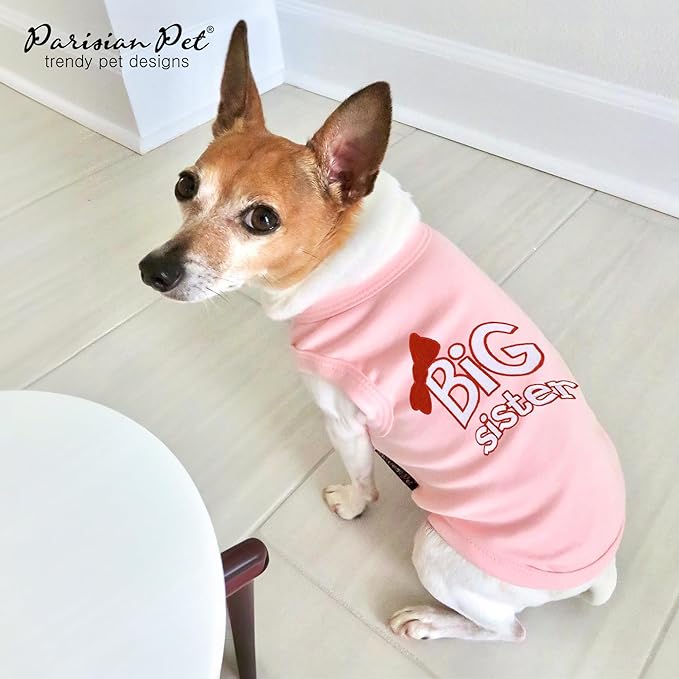 Parisian Pet Dog T-Shirt with Embroidered ' Big Sister ' - Breathable Big Sister Dog Shirt - Sleeveless Pet Vest - Machine Washable Pink Vest for Small Dogs, XXS