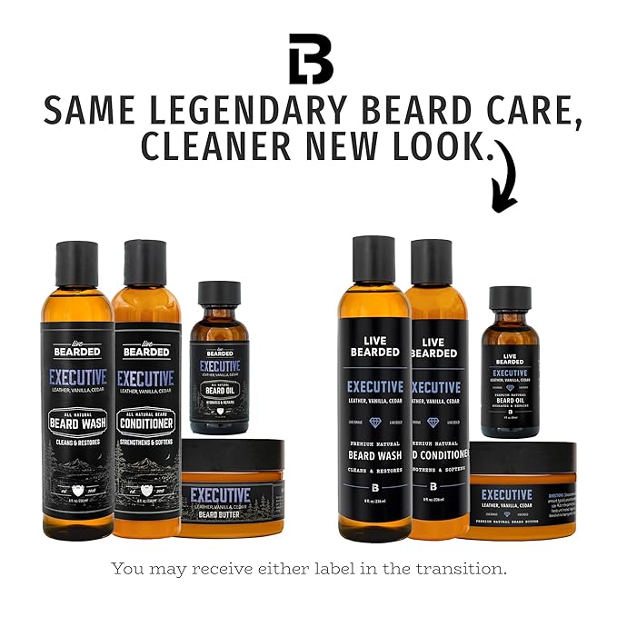 Live Bearded Complete Beard Grooming Kit - Wash, Conditioner, Butter and Oil - Made in the USA with All-Natural Ingredients - Mens Groom Set | Executive Scent - Cedar, Vanilla