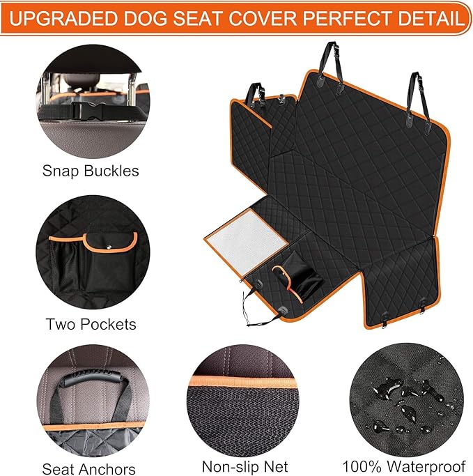 Femuar Dog Car Seat Cover, Waterproof Nonslip Pet Seat Cover for Back Seat with Storage Pockets Mesh Visual Window, Scratch Proof Pet Dog Seat Cover Hammock for Cars Trucks and SUVs, XL-Orange