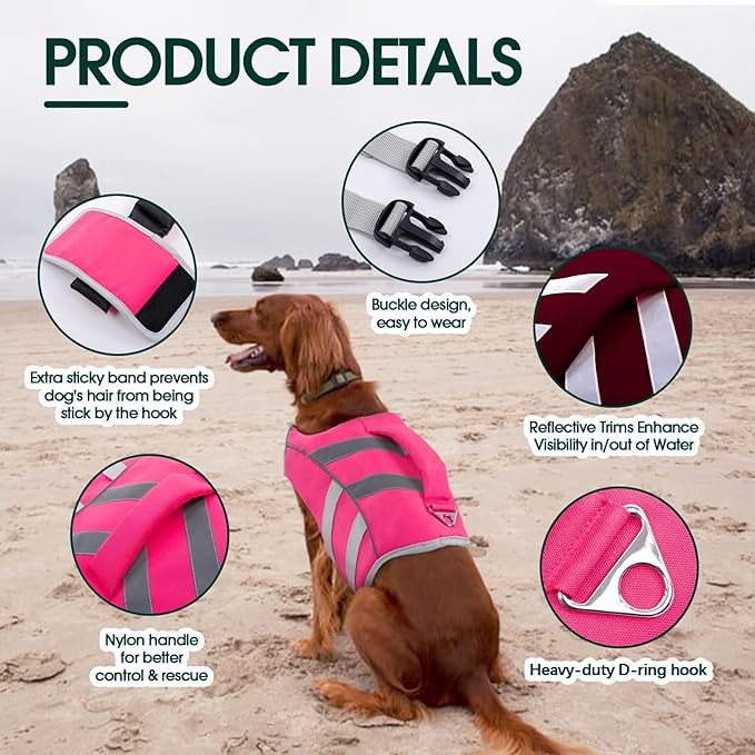 Kuoser Small Dog Life Jacket with Reflective Stripes, Adjustable High Visibility Dog Life Vest for Swimming & Boating, Pink XS