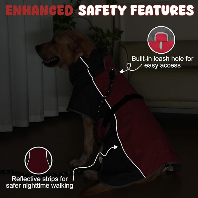 Dog Raincoat, Waterproof Dog Coat with Reflective Straps, Leash Hole & Polar Fleece Lining, Winter Snow Rain Coat for Small, Medium & Large Dogs, Warm, Windproof Vest Jackets