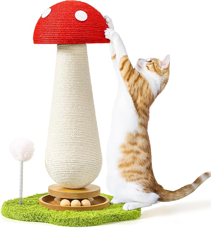 Cat Scratching Post, Mushroom Cat Scratcher with Interactive Ball Track Spring Ball Cat Toys,Durable Cute Sisal Cat Scratchers Post for Indoor Cats Adults Kitten with Stable Base