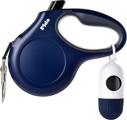 Fida Retractable Dog Leash with Dispenser and Poop Bags, 16 ft Pet Walking Leash for Small Dog or Cat up to 26 lbs, Anti-Slip Handle, Tangle-Free, Reflective Nylon Tape (S, Navy Blue)