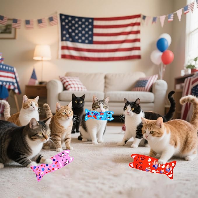 4th of July Cat Toys for Indoor Cats Patriotic Large Adult Cat Catnip Plush Toys with Crinkle Independence Day Kitten Chewing Kicker Toy 6 PCS