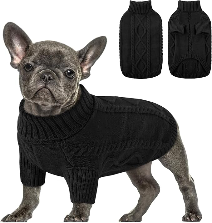 Queenmore Small Dog Pullover Sweater, Cold Weather Cable Knitwear, Classic Turtleneck Thick Warm Clothes for Chihuahua, Bulldog, Dachshund, Pug (Black, Medium)