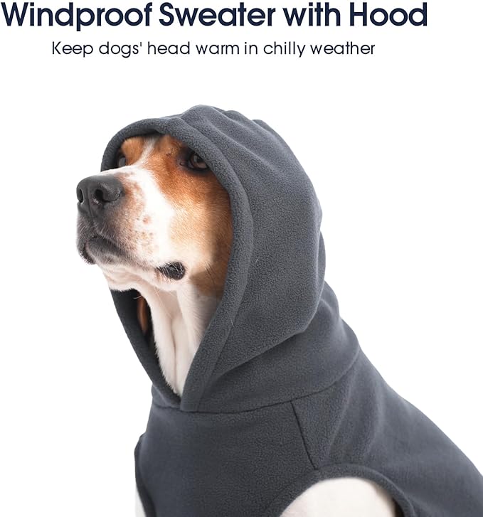 IECOii XXL Dog Hoodie for Large Dogs, Fleece Dog Sweatshirt for Large Breed Male Female Dogs,Pet Pouch Hoodie Winter Sweater Coat with Leash Hole, Warm & Lightweight Outfit for Pitbull, Grey, 2XL