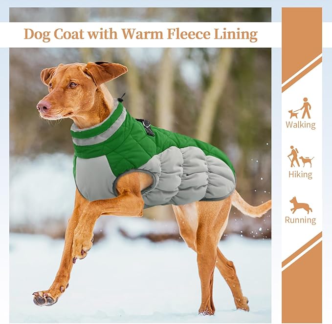 Winter Dog Coat,Large Dog Jacket,Waterproof Pet Jacket with Back Zipper,Pet Coat with Harness Built in,Warm Dogs Coat with Fleece Lined, Snow Jacket Clothes French Bulldog Shiba Inu,Green,L