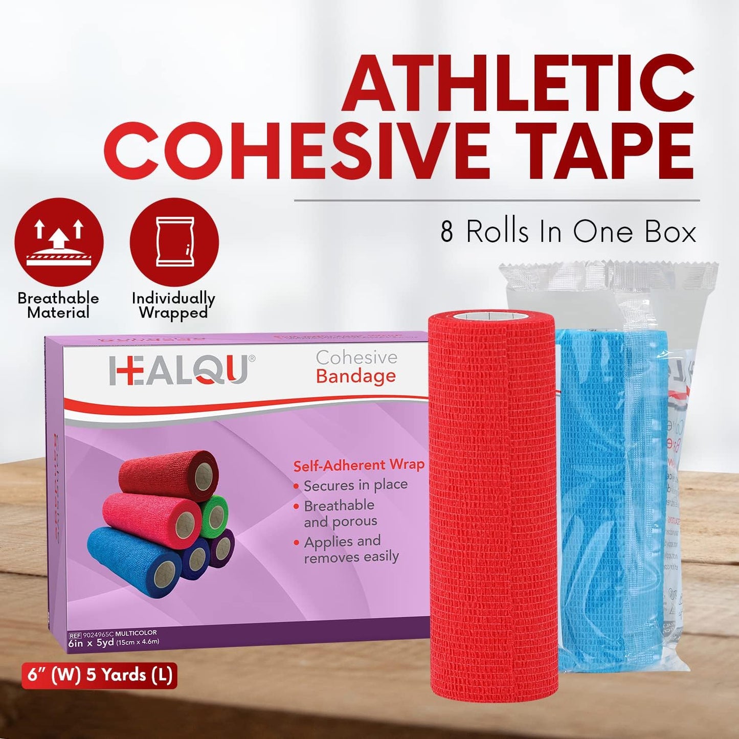 HEALQU Self Adhesive Bandage Wrap – Cohesive Tape for Athletic and Sports 6”x5yd, 12 Rolls - Self Adherent Medical Tape, Flexible, Elastic Bandages Multicolor for Wrist & Ankle Vet Wrap for Dogs.