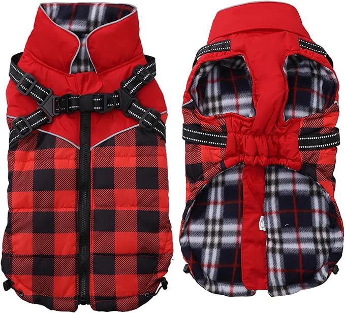 Dog Coat with Harness,Small Dog Winter Coat,Doggie Jackets with Built in Harness,Adjustable Warm Jacket for Medium Large Dogs,Pet Puppy Cold Weather Coats for Dogs Waterproof (PlaidRed, Medium)