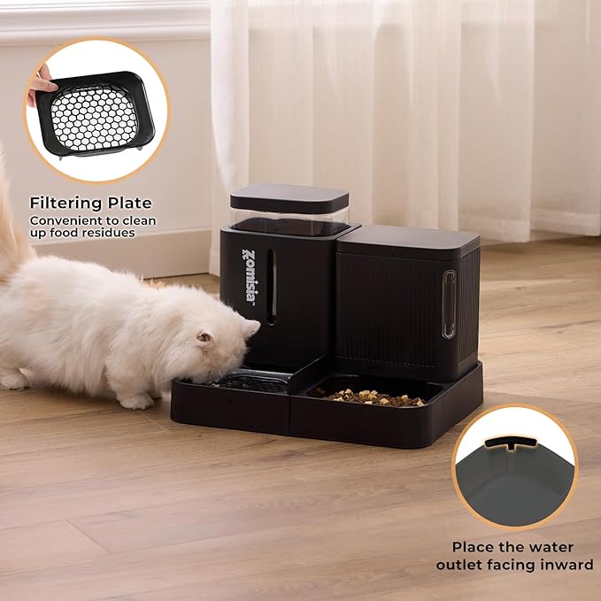 Gravity Cat Feeder and Water Dispenser, 2 in 1 Automatic Cat Feeder with 180 Degree Rotatable, 2 Pack Large Capacity Self Feeding for Small Medium Dog Puppy Kitten, Black, 1.6GALx2