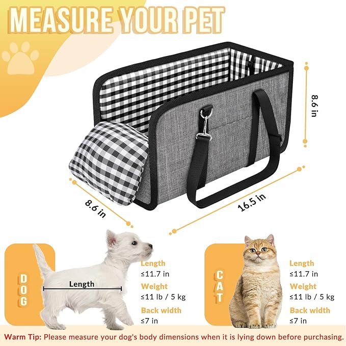 SlowTon Console Dog Car Seat - Portable Dogs Armrest Booster Seat for Small Dog, Anti-Collapse Pet Car Seat with Soft Cushion Safety Belt, Support Pet Up to 11lbs (Grey)