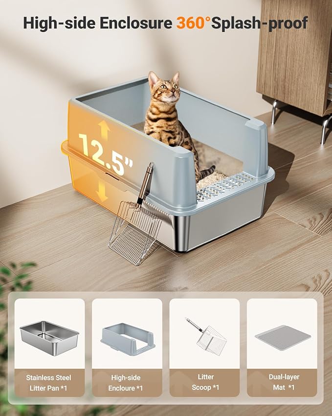 XL Stainless Steel Litter Box, Large Metal Cat Litter Box with High Sided for Big Cats, Enclosed Litter Boxes with Lid, Easy-Clean Cat Litter Mat & Scoop Kit, Non Sticky, Anti-Urine Leakage