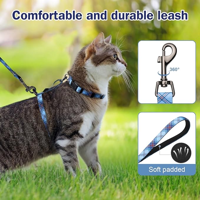 Hikiko Cat Harness and Leash Set Escape Proof Adjustable Walking Travel Soft Boy Kitten Harness for Small Medium Large Cats (Blue Plaid, M)