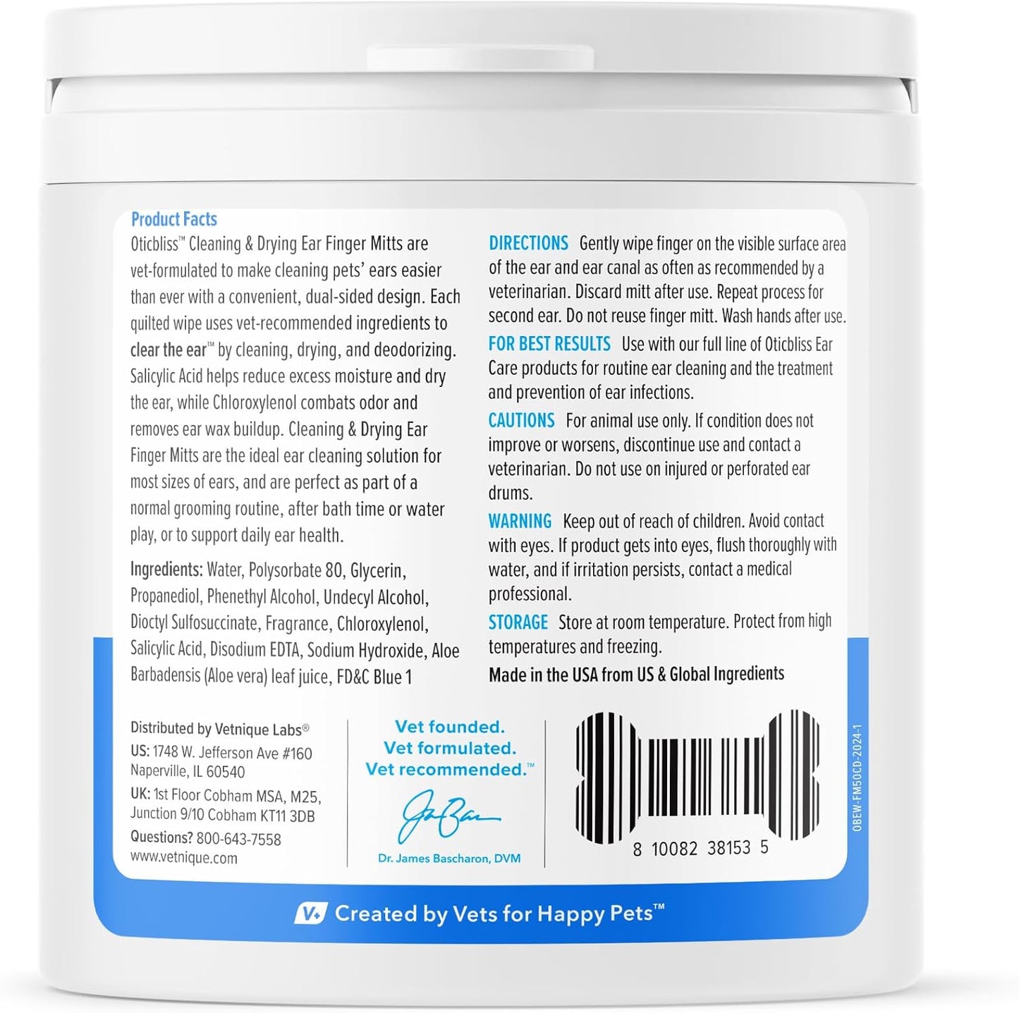 Vetnique Oticbliss Ear Finger Wipes for Dogs & Cats Dual-Sided Cleaning Dog Ear Wipes for Odor Control, Dirt & Wax Removal with Soothing Aloe, Salicylic Acid & Aloe Vera, 50ct