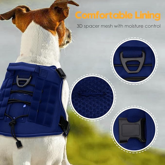 Heavy-Duty Tactical Dog Harness for Large Dogs, No Pull Adjustable Reflective Pet Vest with Molle System, K9 Military-Grade Control for Service Training, Outdoor & 10+ Breeds, Dazzling Blue, XX-Large