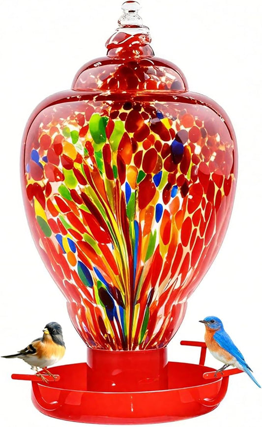 Colorful Glass Wild Bird Waterer 32 Oz Bird Water Feeder for Outdoors Garden Outside Water Cooler Tree Yard Decoration (Red-fire)