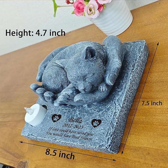 Personalized Cat Memorial Stones with Candle Holder, Cat Memorial Garden Stones with Sleeping Cat Statue in God's Hands Waterproof Cat Grave Markers Tombstones Headstone Sympathy Gifts, 8.5"x7.5"x4.7"