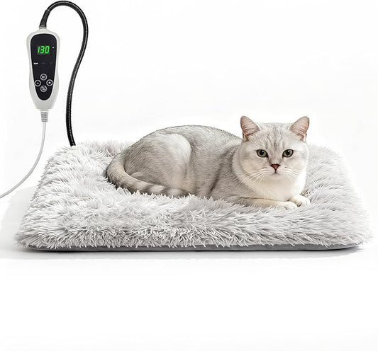 Cat Heating Pad, 17 x 13 in Cat Beds for Indoor Cats,Smart Temperature Switch Metal Protective Tube + Plush Fabric Cover Puppy Whelping Supplies- Grey