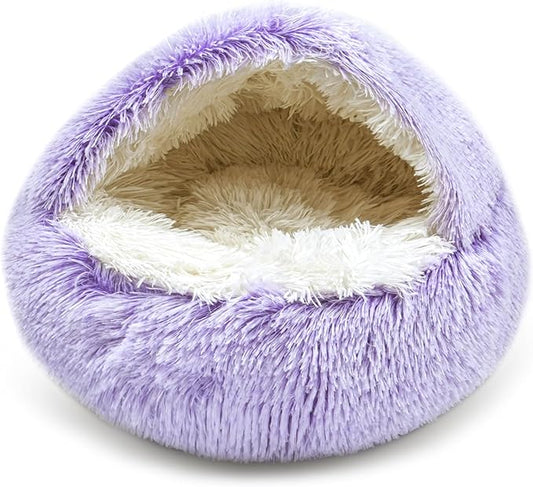 Cat Bed for Indoor Cats, Calming Cozy Cave with Self-Warming Plush, Entire Bed Machine Washable & Anti-Slip Base, Breathable Pet Bed for Small Cats&Dogs All Seasons (Purple, 24 * 24inch)