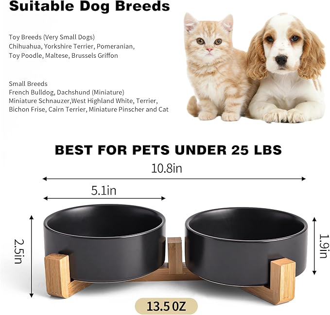 Black Ceramic Dog & Cat Bowl Set – 13.5 OZ with Wooden Stand, Non-Slip, Elevated Design for Small Dogs & Cats – 2 Bowls (Food & Water, Ceramic Pet Bowls, Modern Dog Bowls)