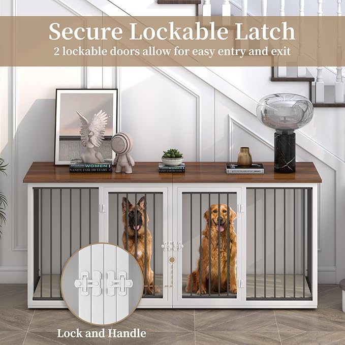 Large Dog Crate Furniture for 2 Dogs, 71.6'' Steel Frame Dog Crate with Double Doors, Heavy Sturdy Kennel for Small Medium Large Dogs, Indoor Double Dog Cage (White)