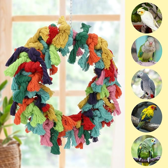 Bird Colorful Cotton Rope Hanging Ring Parrot Preening Grooming Chew Climb Biting Toy for African Grey Cockatoo Conure Parakeet
